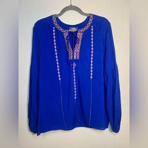 Neiman Marcus embroidered beaded long sleeve royal blue blouse